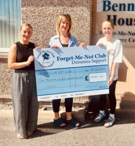 Zoë Meldrum (CTC), Eunice Gardyne (Forget Me Not Club), Sara Stewart (CTC) with £1,500 cheque