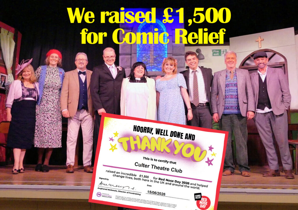 Cast photo with &pound;1,500 for Comic Relief Certificate.