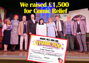 Cast photo with &pound;1,500 for Comic Relief Certificate.