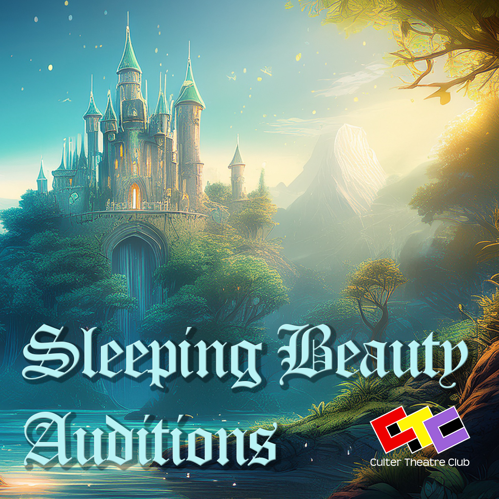Picture of a magical castle, forest and and mountains with the text Sleeping Beauty Auditions